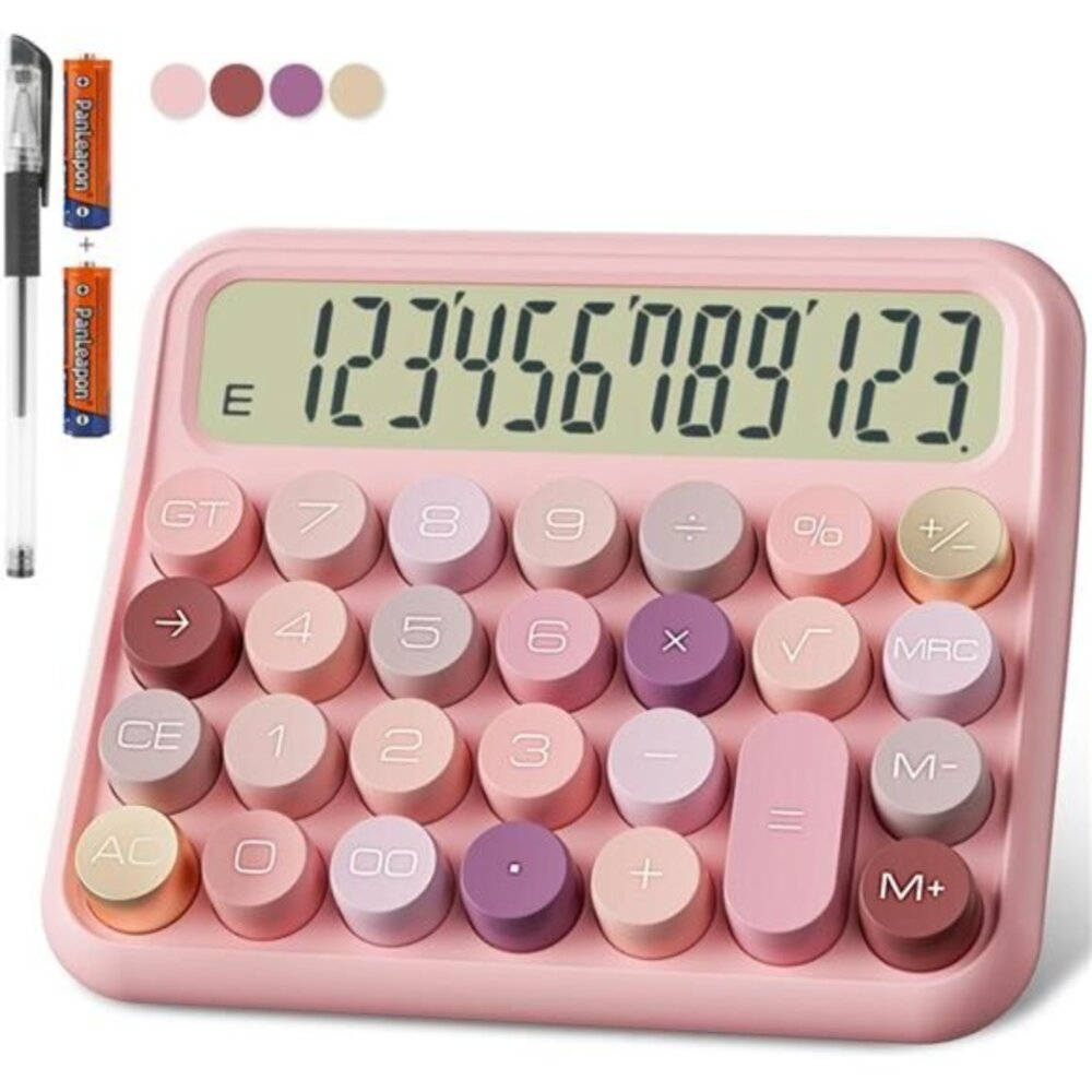 Pink Mechanical Calculator 12 Digit Extra Large 5-Inch LCD Display Battery‎ Desk